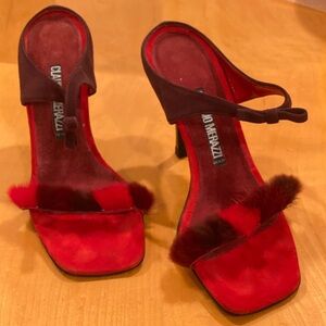 CLAUDIO MERAZZI
Red Fur-Trim Suede Heeled Sandals